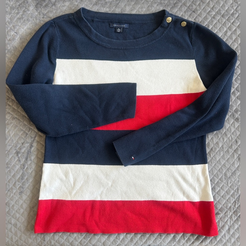 Tommy Hilfiger Nautical Stripe Sweater XL Gold Button Shoulder